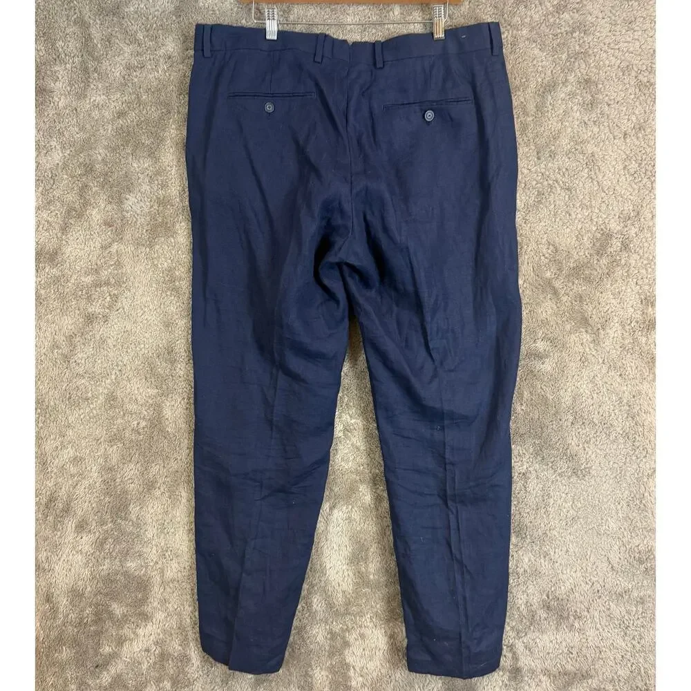 Emidio Tucci Navy Blue Linen Dress Pants Trousers 48 EU 38 US Classic Flat Front